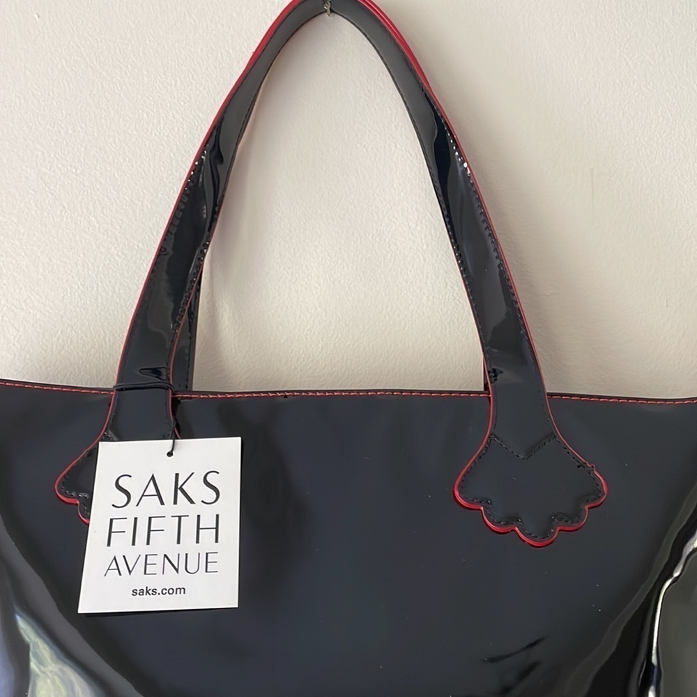 Stephanie Johnson For Saks Fifth Avenue Black Patent Leather Tote Purse Bag NWOT